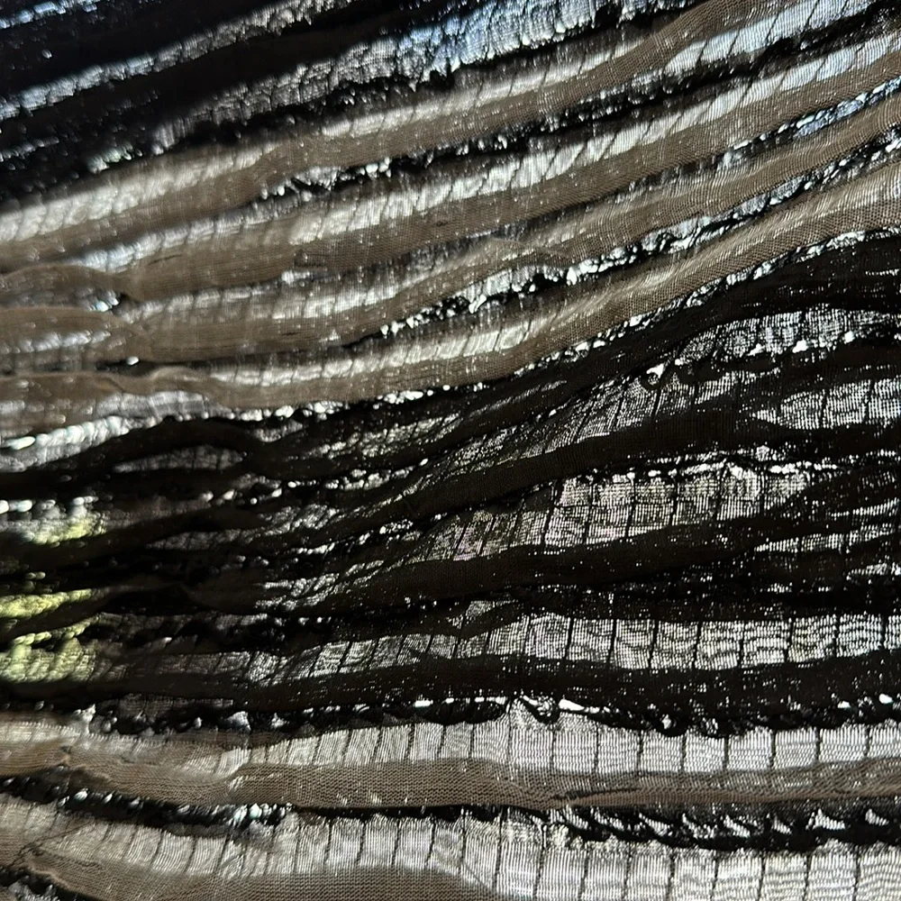 Sevya handmade crinkled silk rectangular oblong scarf with fringe black silver
